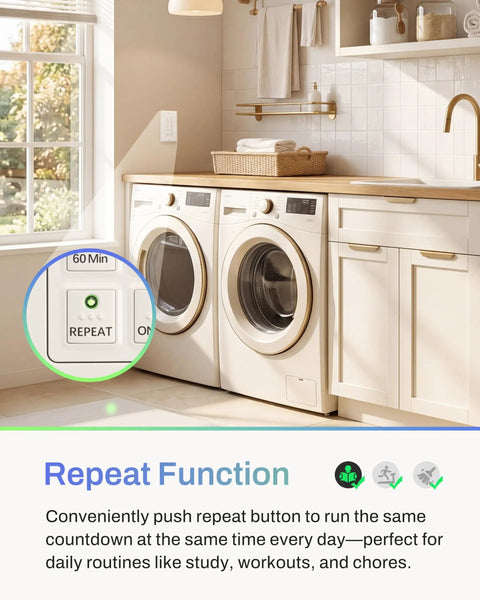 Countdown Digital Wall Timer Switch For Exhaust Fans And Lights, Six Preset Options From 5 To 60 Minutes installed in laundry room