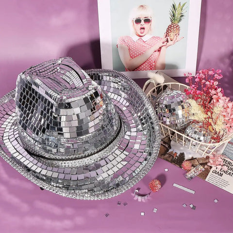 Self Adhesive Mirror Mosaic Tiles 2400 Pcs 10x10mm Disco Ball Tiles on a decorative hat and ornament display on a purple surface