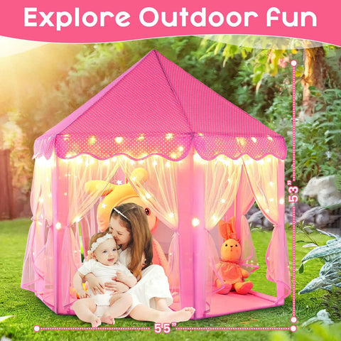Princess Castle Tent For Girls With Star Lights Large Indoor Outdoor Playhouse Private Hideaway 55 x 53 inch with toys inside