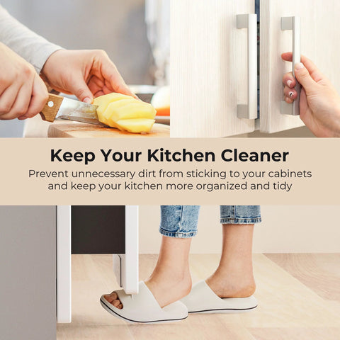 Hands using under cabinet foot pull for trash drawer opener with adhesive strips and screws white, hands-free kitchen solution.