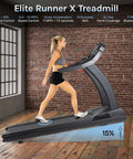 Elite Runner X Treadmill For Marathon Training Commercial Grade Cardio Machine FreeSync FTMS Bluetooth 4 HP Motor Large Ortho Flex Shock Deck Built Like A Tank Heavy Duty Construction 400 Lb Capacity in use