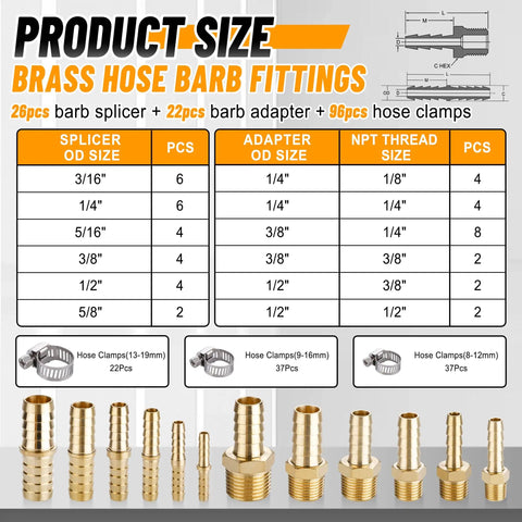 Product chart of Brass Hose Barb Fittings Kit With Splicer Mender 3/16 1/4 5/16 3/8 1/2 5/8 Inch Barbed To NPT Adapters