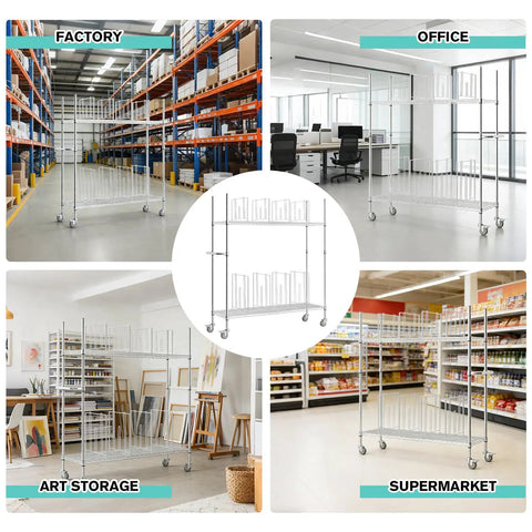 No Sweat Setup Heavy Duty Wire Cart Smooth Rolling 2 Tier Cardboard Box Storage Rack in various settings like factory and supermarket.