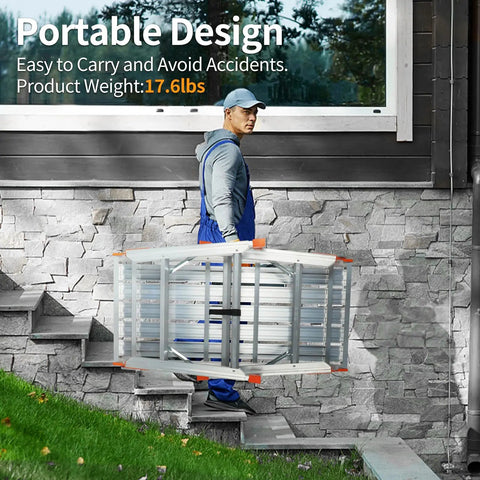 All In One Grab And Go Adjustable Work Platform And Folding Ladder Aluminum Construction 330 Lb Capacity 24 To 35 Inch Reach Heavy Duty Portable Work Bench Stool With Non Slip Feet used on stone steps
