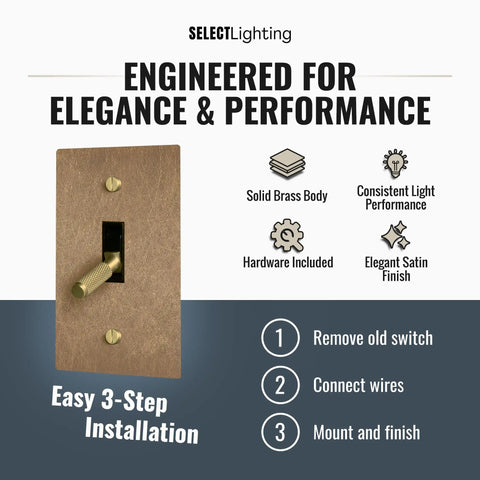 Solid Brass Toggle Switch 1 Gang Vintage Brass Decor 15A 120V Brass Plated Single Pole Classic Industrial Style For Home Office Studio And Retro Interiors with installation steps.