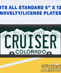 License plate frame displaying 'Cruiser Colorado', fits all 6" x 12" plates, by Cruiser Accessories.