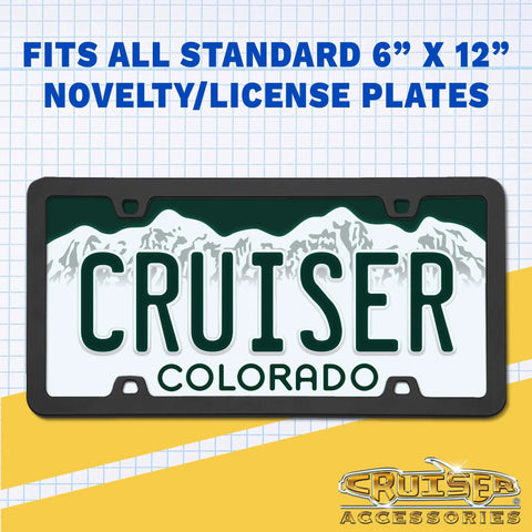 License plate frame displaying 'Cruiser Colorado', fits all 6" x 12" plates, by Cruiser Accessories.