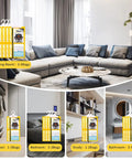 15 Pack Moisture Absorber And Odor Eliminator Hanging Bags For Closets And Home usage chart, showing bags in various rooms.