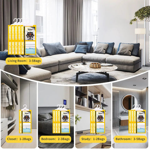 15 Pack Moisture Absorber And Odor Eliminator Hanging Bags For Closets And Home usage chart, showing bags in various rooms.