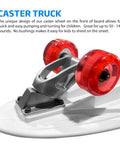 Close-up of caster truck with red wheels on Kids Surfskate Board With Front Caster Trucks For Easy Turns And Big Pumping Power Heavy Duty Rear Trucks Graphic Grip Tape 31 Inch Long By 9 Inch Wide Durable And Safe For Young Riders Learning To Carve And Glide.