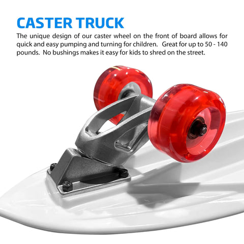 Close-up of caster truck with red wheels on Kids Surfskate Board With Front Caster Trucks For Easy Turns And Big Pumping Power Heavy Duty Rear Trucks Graphic Grip Tape 31 Inch Long By 9 Inch Wide Durable And Safe For Young Riders Learning To Carve And Glide.