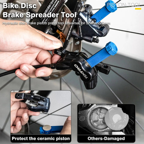 Bicycle Hydraulic Brake Caliper Spreader Tool for Mountain and Road Bikes in use, aligning on Shimano brake caliper.