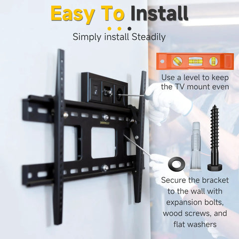 TV Wall Mount Hardware Kit With Lag Bolts And Drill Bits For Concrete Wood Brick And Drywall with bubble level and installation.