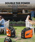 2500 Watt Portable Inverter Generator Ultra Quiet On The Go Power For Camping And Tailgating Plus Home Backup With CO Sensor Auto Fuel Off And Parallel Ready EPA Compliant Orange in use outside a cafe with another generator, demonstrating double the power function.