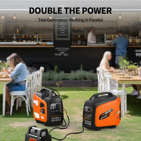 2500 Watt Portable Inverter Generator Ultra Quiet On The Go Power For Camping And Tailgating Plus Home Backup With CO Sensor Auto Fuel Off And Parallel Ready EPA Compliant Orange in use outside a cafe with another generator, demonstrating double the power function.