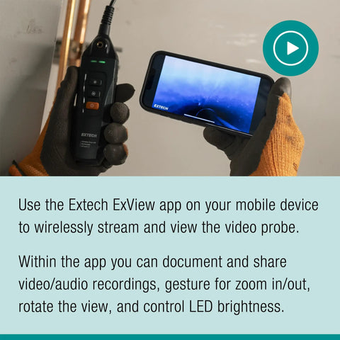 Wireless Dual HD Borescope With Mobile App Control, 1.5m Probe, 5.5mm Camera, Rugged IP67 Video Scope in use with ExView app