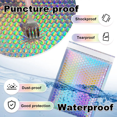 Metallic Holographic Bubble Mailers Set Of Fifty In Three Size Options With Waterproof Self Seal Adhesive Foil Glitter Shipping Bags