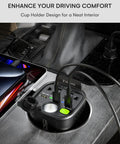 Heavy Duty 150W Car Power Inverter That Smoothly Converts 12V DC To 110V AC Featuring Two AC Outlets Dual 30W PD USB Ports in car cup holder.
