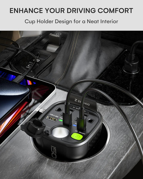 Heavy Duty 150W Car Power Inverter That Smoothly Converts 12V DC To 110V AC Featuring Two AC Outlets Dual 30W PD USB Ports in car cup holder.