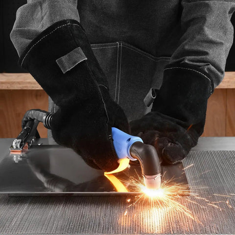 Person using 3 In 1 Plasma Cutter Welder Combo for Home Workshop, 50A Plasma Cutter and 200A TIG MMA Welders on metal sheet