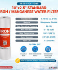 Whole House Iron And Manganese Replacement Filter Set, Heavy Duty 10x2.5 Inch Cartridges For Standard Systems packaging and details
