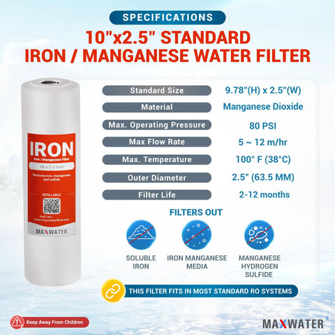 Whole House Iron And Manganese Replacement Filter Set, Heavy Duty 10x2.5 Inch Cartridges For Standard Systems packaging and details
