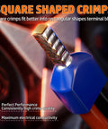Square shaped crimp from Self Adjusting Ratchet Wire Crimping Kit With 1750 Tinned Copper Ferrule Terminals, close-up view.