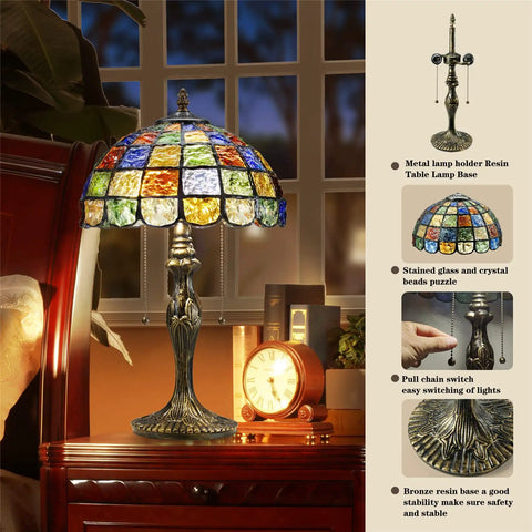 Crystal Square Tiffany Style Stained Glass Table Lamp 16 Inch Wide on wooden bedside table with LED bulbs and pull chain