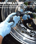 Effortless 33mm Aluminum Lug Nut Covers Remover Tool in use on chrome wheel.