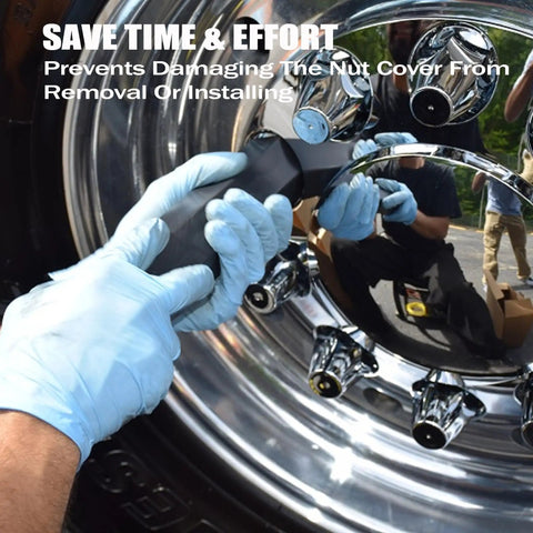 Effortless 33mm Aluminum Lug Nut Covers Remover Tool in use on chrome wheel.