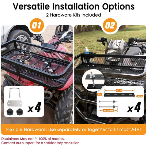 Heavy Duty ATV Front Cargo Basket With Mounting Kit 36 Inch Long 17 Inch Wide 6 Inch High Steel Mesh Rack installed on ATV