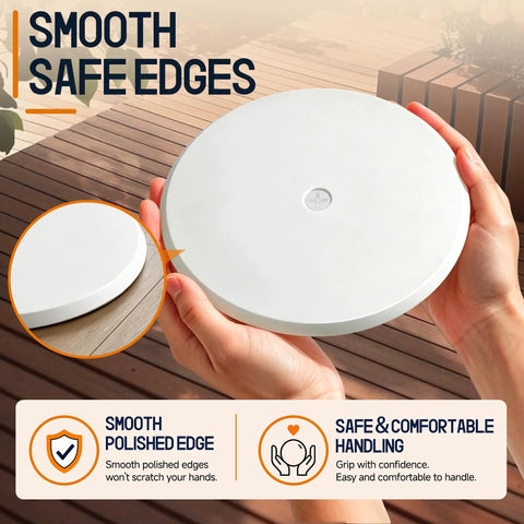 Person holding a Dead Simple Install Solid 7 Inch Cleanout Cover Plate Bright White Powder Coated Steel round cover with smooth edges.