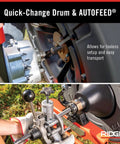 Professional Workhorse 5/8 Inch Brushless Drain Cleaning Drum Machine Auto Feed Cable Counter close-up of quick-change drum feature.
