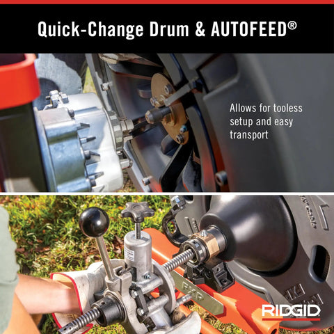 Professional Workhorse 5/8 Inch Brushless Drain Cleaning Drum Machine Auto Feed Cable Counter close-up of quick-change drum feature.