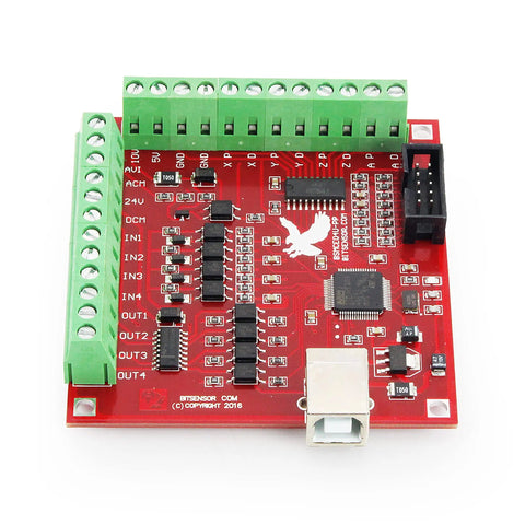 4 Axis USB Mach3 CNC Controller Card With 100KHz Plug And Play Breakout Board Red, top view showing connections for CNC routers and machines.