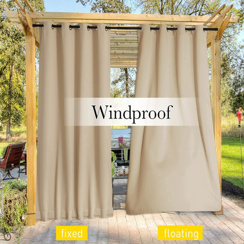Two Panels Outdoor Patio Curtains Waterproof And Windproof Thermal Insulated Top And Bottom Grommets Back Tab Light Blocking With Bonus Rope Biscotti Beige 66 By 84 Inches installed on patio