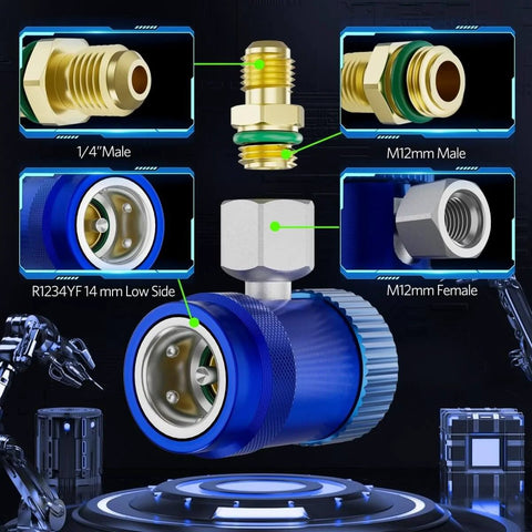 R1234YF Quick Coupler Kit Set of 2 showing high and low side adapters with quarter inch fittings for air conditioning service.