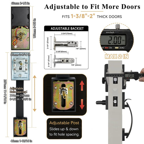 Real Deal Dual Door Smart Lock Kit With Fingerprint Reader And Touchscreen Keypad Keyless Entry For Home Security Featuring Heavy Duty Active Handle And Matching Dummy Lever Plug And Play Setup adjustable post measurement details for door installation.
