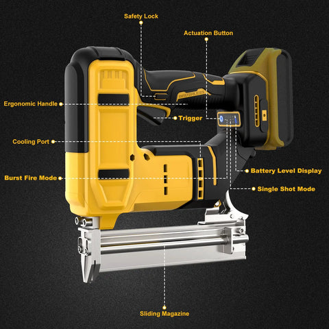 Heavy Duty Cordless Brad Nailer And Staple Gun Combo for Precision Trim Work, featuring ergonomic handle and sliding magazine.
