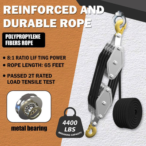 Reinforced and durable beefed-up 4400Lb rope hoist pulley system with 8:1 lift ratio, 65ft line, heavy-duty pulley block.