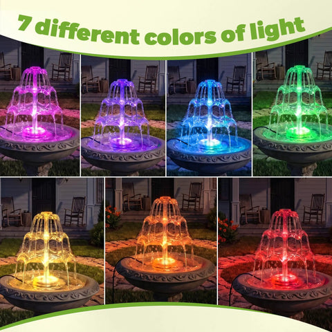 6.5W Solar Bird Bath Fountain With Lights, 3 Tier DIY Water Feature with 7 colored LEDs for Garden, Patio, Yard, and Pond