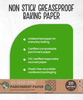 Compostable Unbleached Parchment Paper 60m Total Nonstick Greaseproof Baking Paper eco-friendly package with features listed