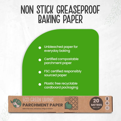Compostable Unbleached Parchment Paper 60m Total Nonstick Greaseproof Baking Paper eco-friendly package with features listed
