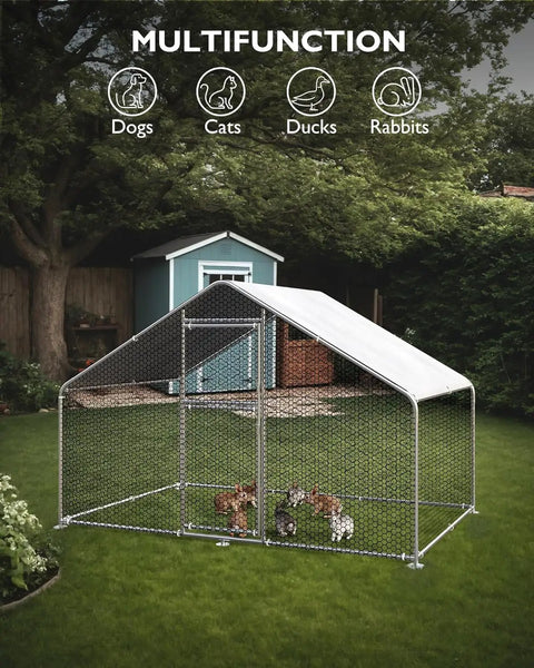 Walk In Chicken Coop For Hens With Waterproof UV Resistant Cover And Reinforcing Ribs in a backyard with animals