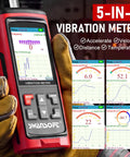 5-In-1 Vibration Meter With Remote Sensor For Industrial Motors, HVAC, Pumps And Engines - Pro-Grade Acceleration, Velocity, Displacement, Frequency, And Temperature Diagnostic Tool For Predictive Maintenance, red handheld unit