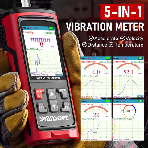 5-In-1 Vibration Meter With Remote Sensor For Industrial Motors, HVAC, Pumps And Engines - Pro-Grade Acceleration, Velocity, Displacement, Frequency, And Temperature Diagnostic Tool For Predictive Maintenance, red handheld unit