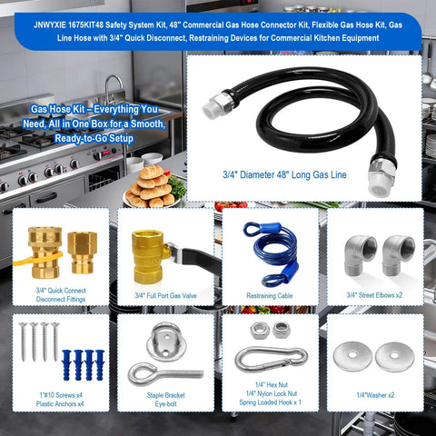 Rock Solid 48 Inch Commercial Gas Hose Connector Kit With 3/4 Quick Disconnect And Full Port Shut Off Valve For Chefs And Restaurants Featuring Reliable Restraint Cable, showcasing hose kit components.