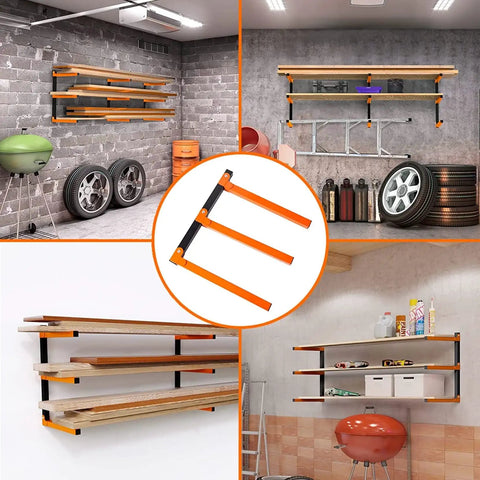 Heavy Duty Wall Mounted Lumber Storage Racks Wood Organizer 3 Level Metal Shelves Pack Of 4 in garage settings