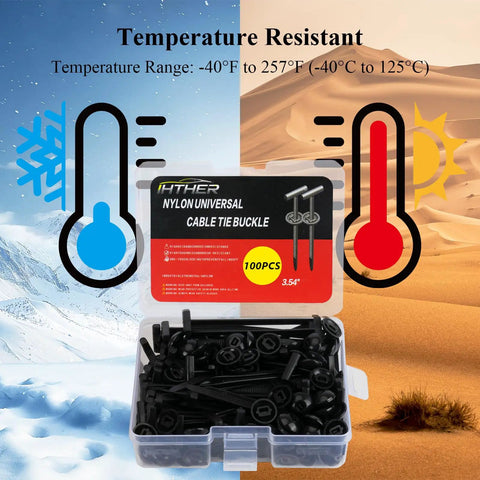 Upgraded Nylon Universal Cable Tie Buckle Self Locking Kit, 100-pack displayed with temperature resistance range details