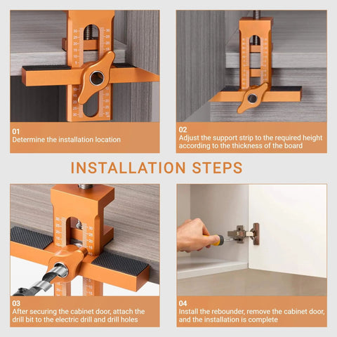 Installation of Cabinet Door Mounting Jig With Adjustable Positioner Aluminum Alloy Cabinet Hardware Jig for accurate alignment